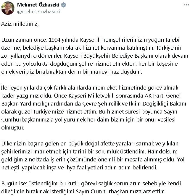 Mehmet Özhaseki, Çevre Şehircilik ve İklim Değişikliği Bakanlığı görevinden istifa etti