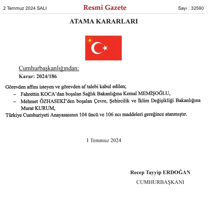 Çevre, Şehircilik ve İklim Değişikliği Bakanlığına Murat Kurum, Sağlık Bakanlığına Kemal Memişoğlu atandı