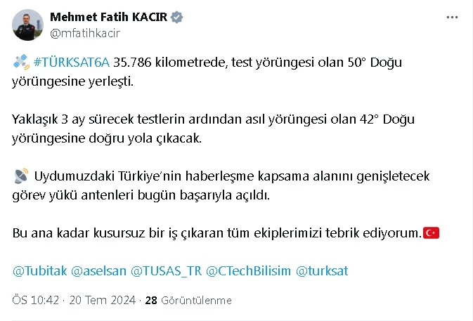 Bakan Kacır: TÜRKSAT6A test yörüngesi olan 50° Doğu yörüngesine yerleşti