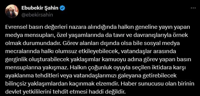 RTÜK Başkanı Şahin: Haber sunucusu olan birinin devlet yetkililerini tehdit etmesi haddi değildir