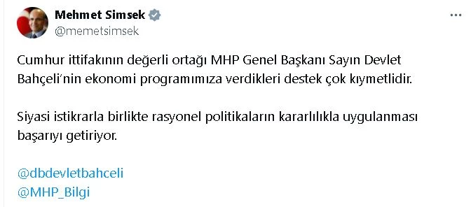 Bakan Şimşek: Bahçeli