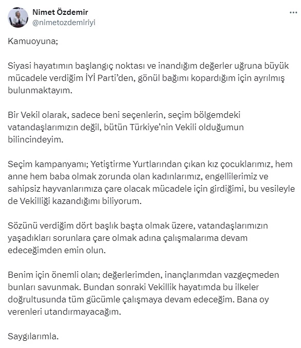 İYİ Parti İstanbul Milletvekili Özdemir, partiden istifa etti