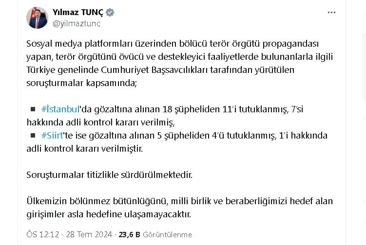 Bakan Tunç: Sosyal medyada terör propagandası yapan 15 şüpheli tutuklandı