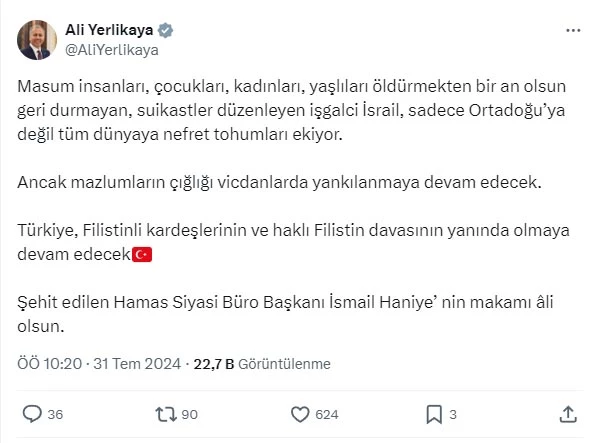 Bakan Yerlikaya: Filistin davası güçlenerek devam edecektir