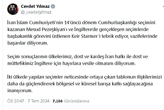 Cevdet Yılmaz, İran Cumhurbaşkanı ve İngiltere Başbakanını tebrik etti