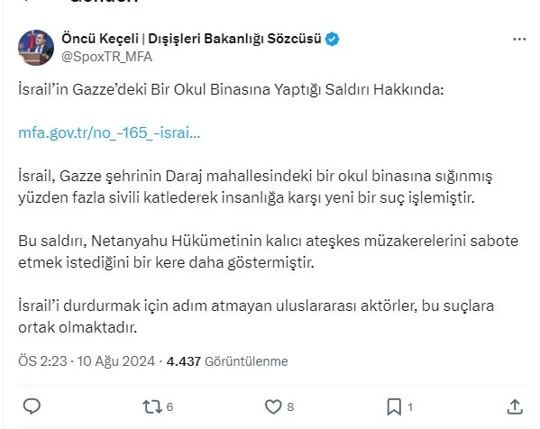 Dışişleri Sözcüsü Keçeli: İsrail, insanlığa karşı yeni bir suç işlemiştir