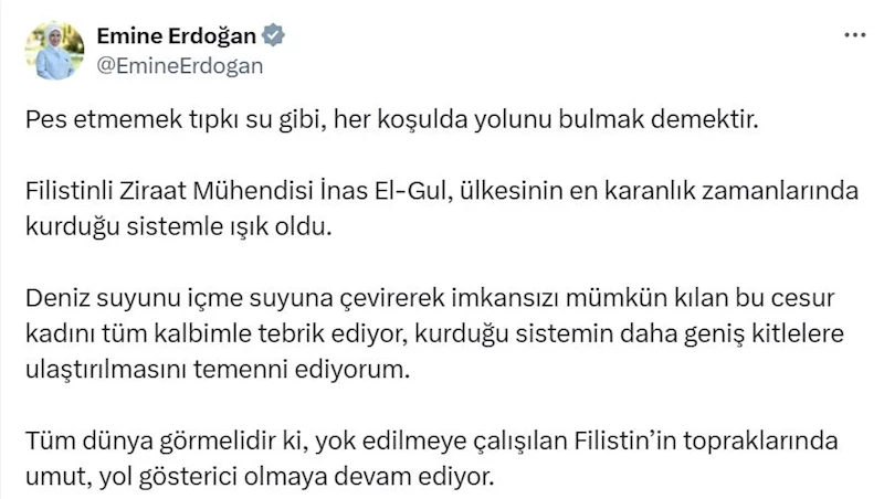 Emine Erdoğan, deniz suyunu içme suyuna çeviren Filistinli El-Gul