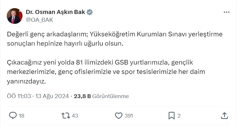 Bakan Bak’tan gençlere destek mesajı