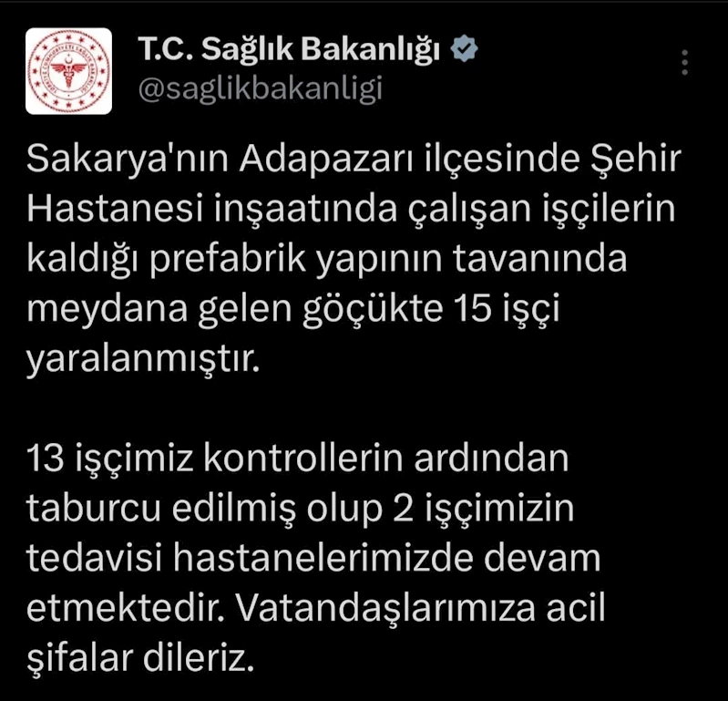 Sakarya Şehir Hastanesi inşaatındaki göçükte yaralanan 15 işçiden 13