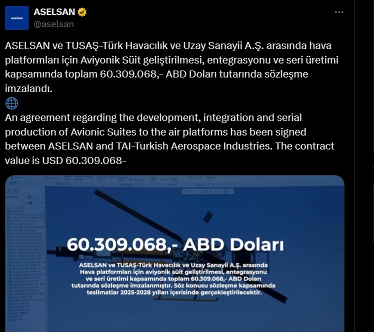 ASELSAN ve TUSAŞ arasında 60 milyon dolarlık sözleşme imzalandı