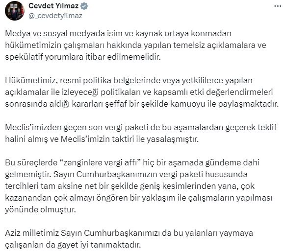 Cevdet Yılmaz: Zenginlere vergi affı hiçbir aşamada gündeme gelmemiştir