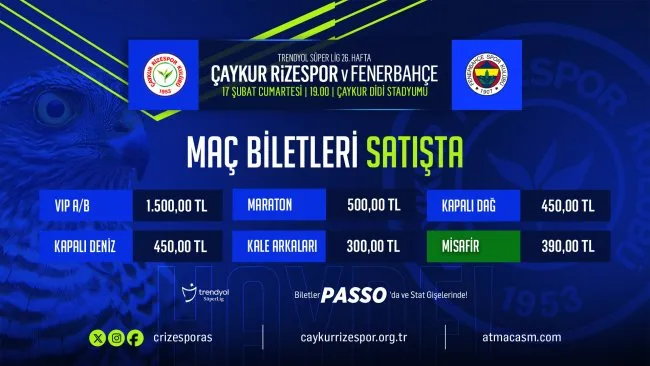 Çaykur Rizespor-Fenerbahçe maçının biletleri satışa çıktı