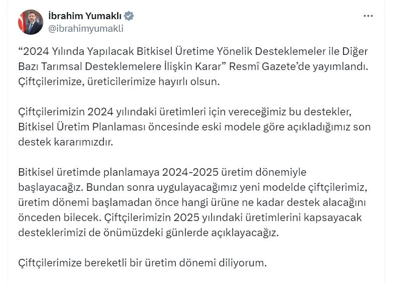 Bakan Yumaklı: Çiftçilerimiz, hangi ürüne ne kadar destek alacağını önceden bilecek