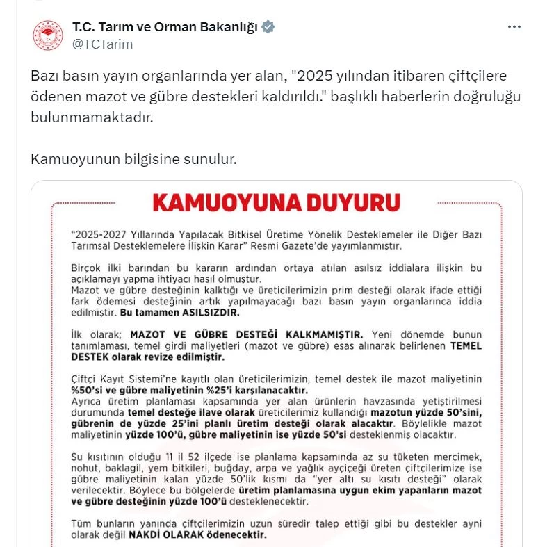 Tarım ve Orman Bakanlığı: Mazot ve gübre desteği kalkmadı