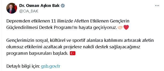 Deprem bölgesindeki gençlerin desteklenmesi programına başvurular başladı