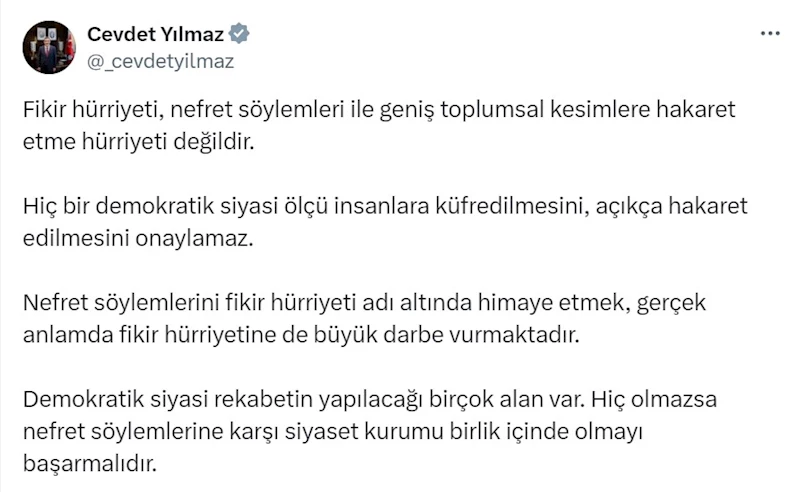 Cevdet Yılmaz: Hiçbir demokratik siyasi ölçü insanlara açıkça hakaret edilmesini onaylamaz