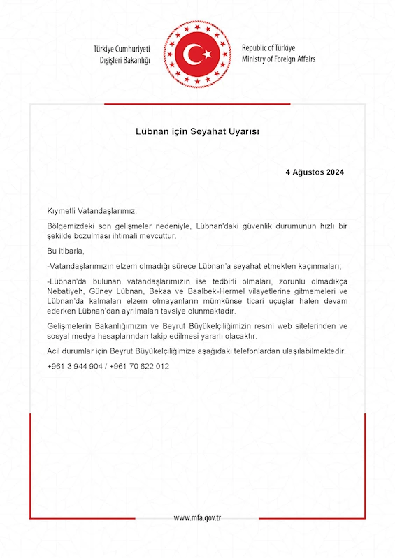 Dışişleri Bakanlığı: Vatandaşlarımız elzem olmadığı sürece Lübnan’a seyahat etmekten kaçınmalı