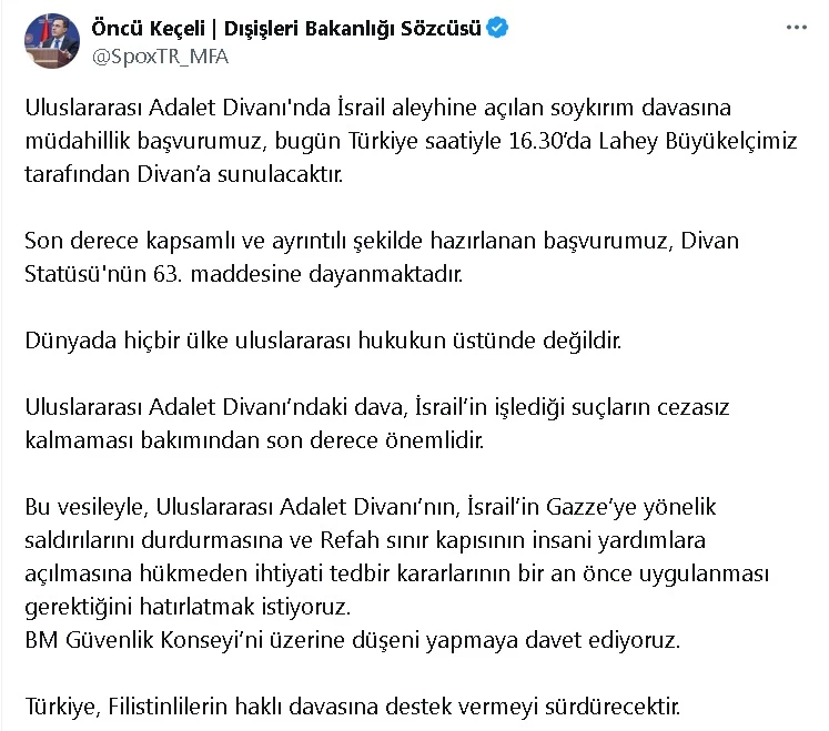 Keçeli: İsrail aleyhine açılan soykırım davasına müdahillik başvurumuz, bugün Divan