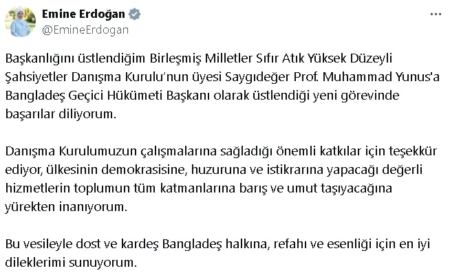 Emine Erdoğan, Bangladeş Geçici Hükümeti Başkanı Yunus