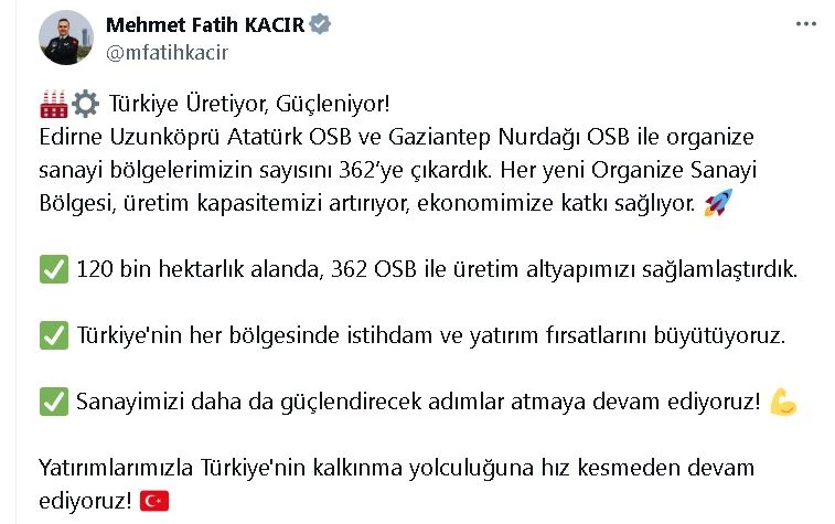 Bakan Kacır: OSB sayısını 362