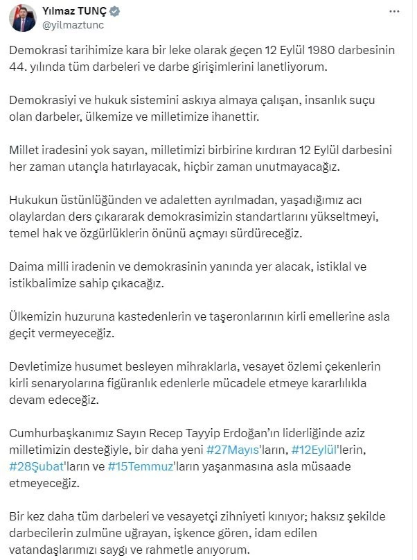 Bakan Tunç: Tüm darbeleri ve darbe girişimlerini lanetliyorum