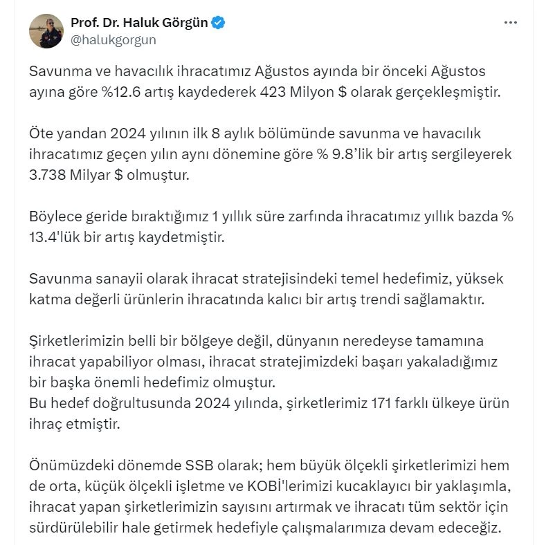 Savunma sanayinde ağustos ihracatı 423 milyon dolar