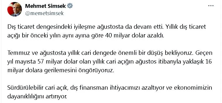 Bakan Şimşek: Yıllık cari dengede önemli bir düşüş bekliyoruz