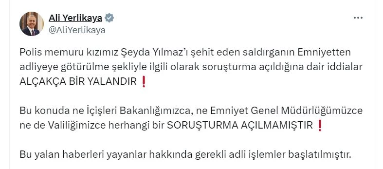 Bakan Yerlikaya: Saldırganın götürülme şekliyle ilgili soruşturma iddiası yalandır