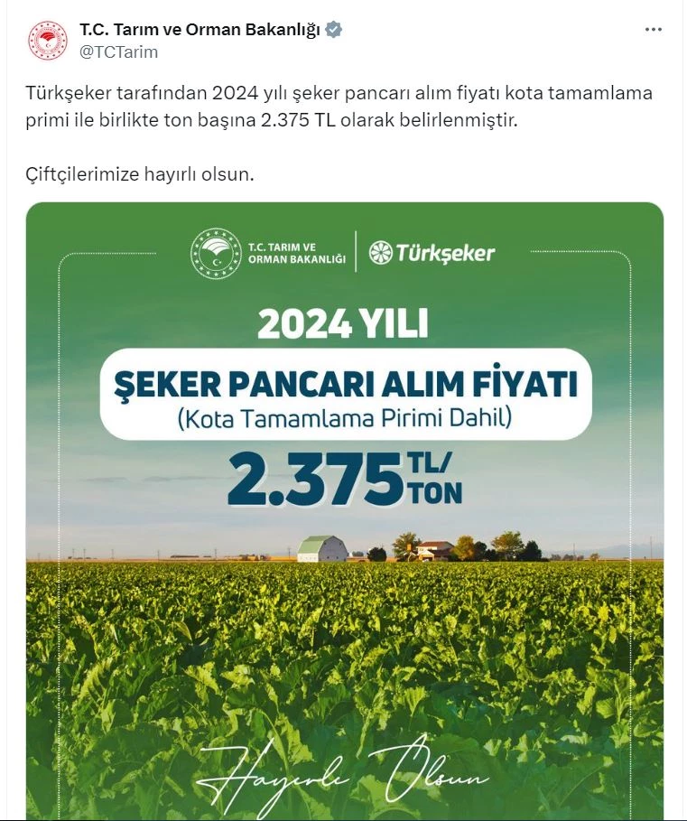 Şeker pancarı alım fiyatı ton başına 2 bin 375 TL olarak belirlendi