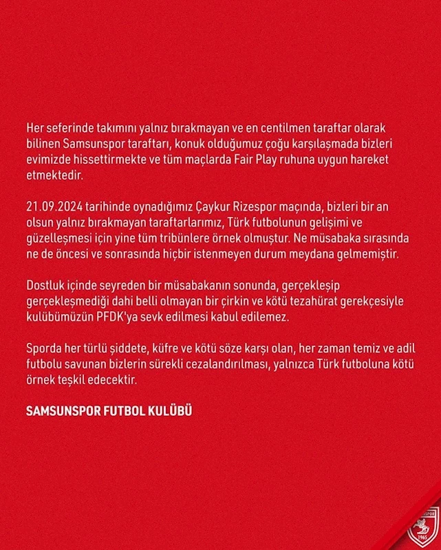 Samsunspor’dan PFDK sevkine tepki