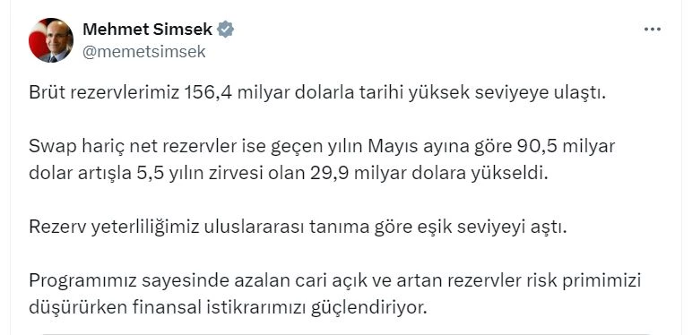 Bakan Şimşek: Brüt rezervlerimiz 156,4 milyar dolarla tarihi yüksek seviyeye ulaştı