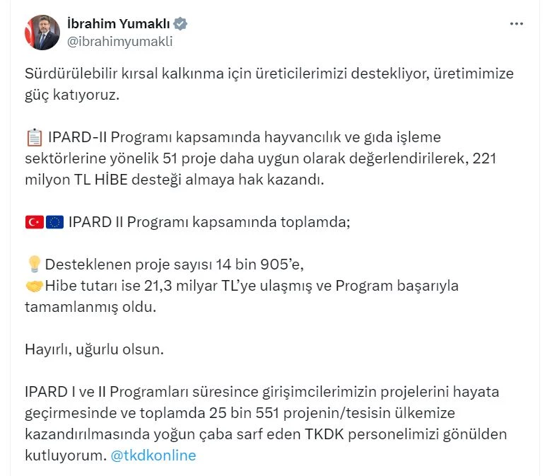 IPARD II Programı kapsamında verilen hibe tutarı 21,3 milyar liraya ulaştı