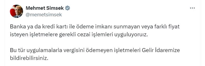 Bakan Şimşek: Kartla ödeme imkanı sunmayan işletmelere ceza uyguluyoruz