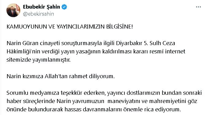 RTÜK Başkanı Şahin: Narin Güran cinayeti soruşturmasındaki yayın yasağı kaldırıldı