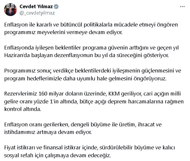 Cumhurbaşkanı Yardımcısı Yılmaz: Enflasyonda iyileşen beklentiler programa güvenin arttığını gösteriyor