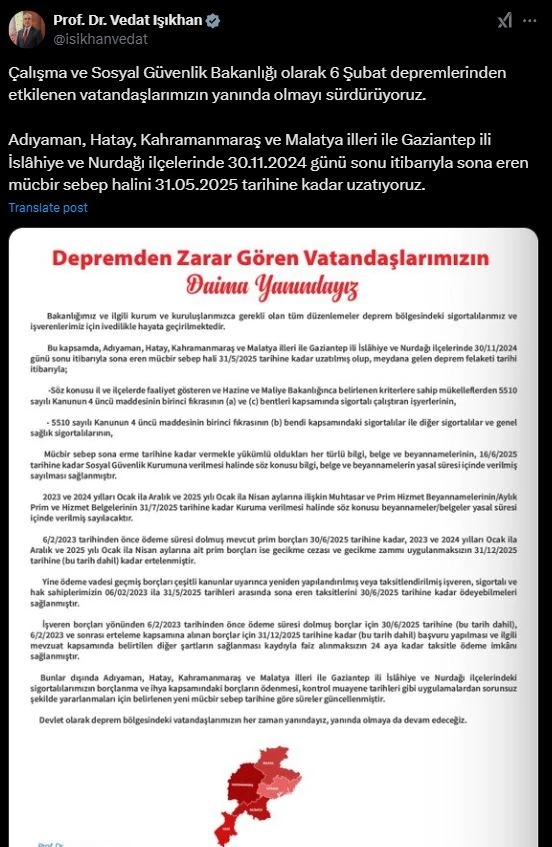 Deprem bölgesinde mücbir sebep hali uzatıldı