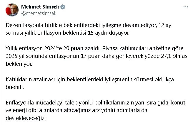 Bakan Şimşek: 12 ay sonrası yıllık enflasyon beklentisi 15 aydır düşüyor 