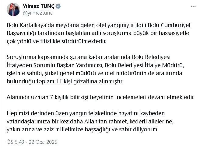 Bakan Tunç: Bolu Belediye Başkan Yardımcısı dahil 11 kişi gözaltına alındı