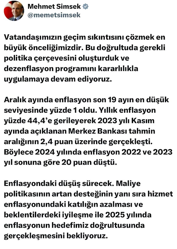 Bakan Şimşek: Aylık enflasyon son 19 ayın en düşük seviyesinde 