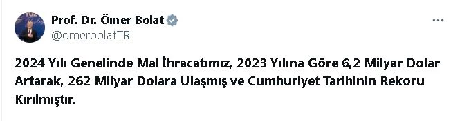 Bakan Bolat: Mal ihracatında Cumhuriyet rekoru kırıldı