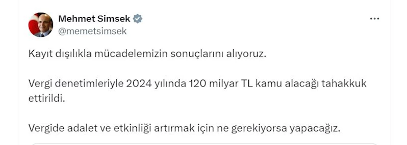 Bakan Şimşek: Vergi denetimleriyle 120 milyar TL kamu alacağı tahakkuk ettirildi