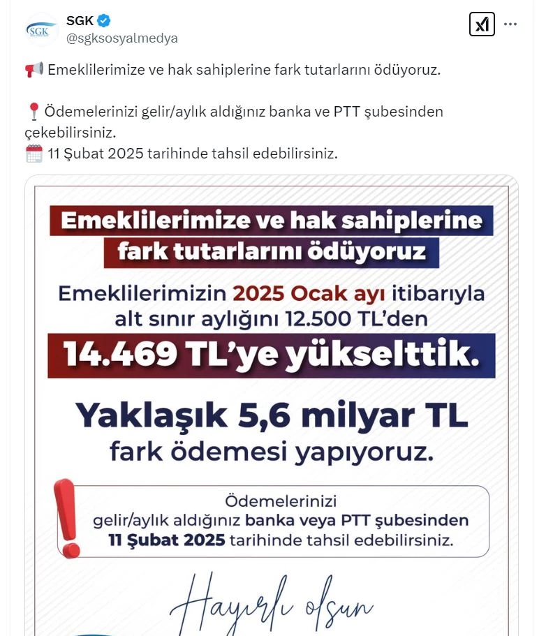 Emeklilerin zam farkı ödemeleri yarın hesaplarına yatırılacak