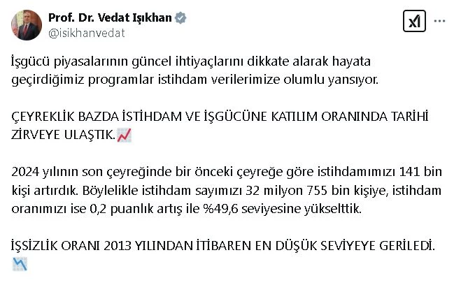 Bakan Işıkhan: Çeyreklik bazda istihdam ve iş gücüne katılımda tarihi zirveye ulaştık