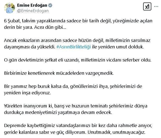 Emine Erdoğan, 6 Şubat depremlerinde hayatını kaybedenleri andı