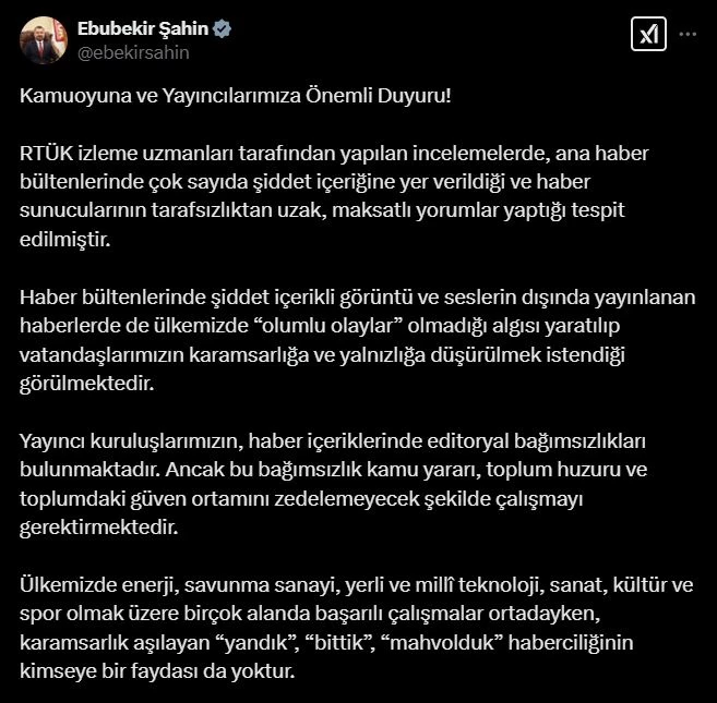 RTÜK Başkanı Şahin: Tarafsızlığı hiçe sayan yayıncılara yaptırım uygulanacak