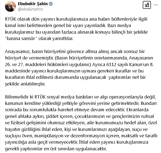 RTÜK Başkanı Şahin