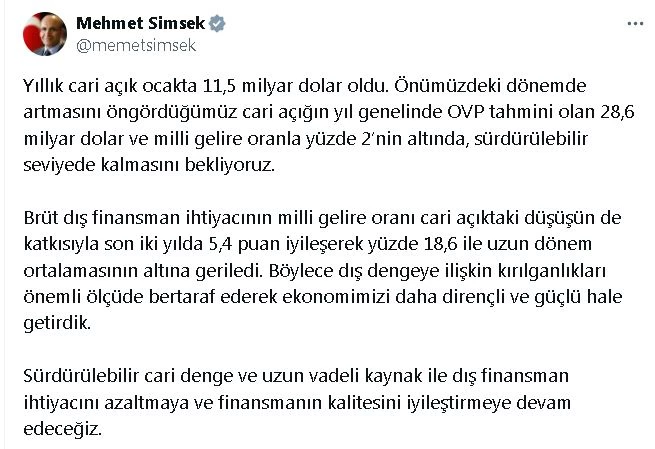 Bakan Şimşek: Cari açığın sürdürülebilir seviyede kalmasını bekliyoruz