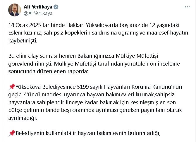 Bakan Yerlikaya: Yüksekova Belediye Başkanı hakkında soruşturma izni verildi