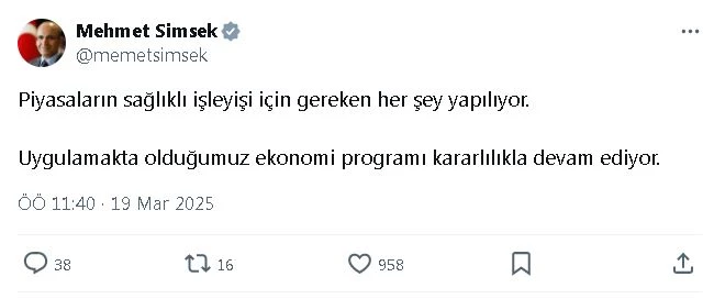 Bakan Şimşek: Piyasaların sağlıklı işleyişi için gereken her şey yapılıyor