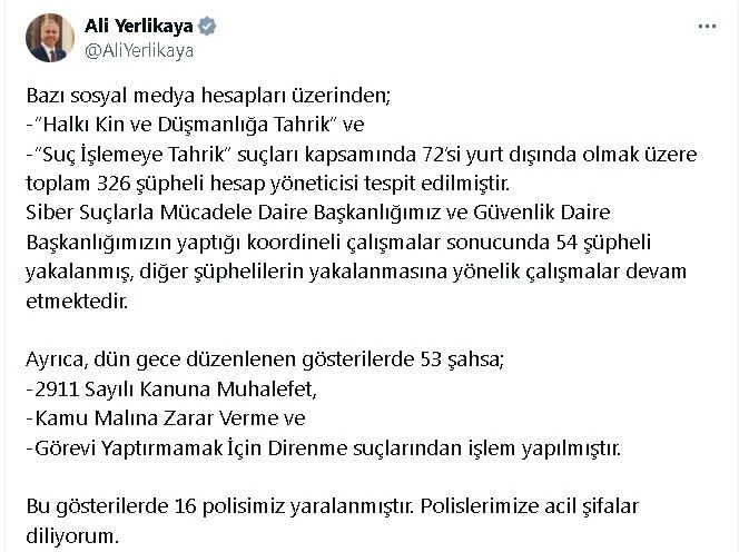 Bakan Yerlikaya: Gösterilerde 16 polis yaralandı, 53 kişiye işlem yapıldı